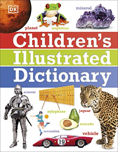 Children’s illustrated dictionary cover with images of a planet, frog, and jaguar.