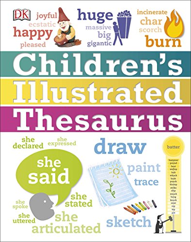"Children's Illustrated Thesaurus book cover with colorful title and various illustrated words and images."