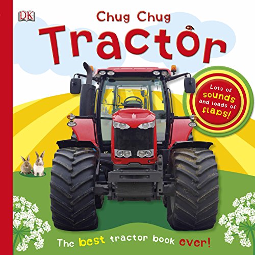 Red tractor with large wheels, book cover with rabbits and flowers.