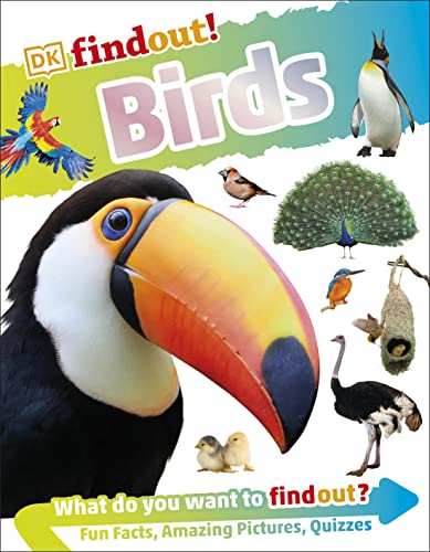 Cover of "DKfindout! Birds" book featuring diverse bird illustrations.