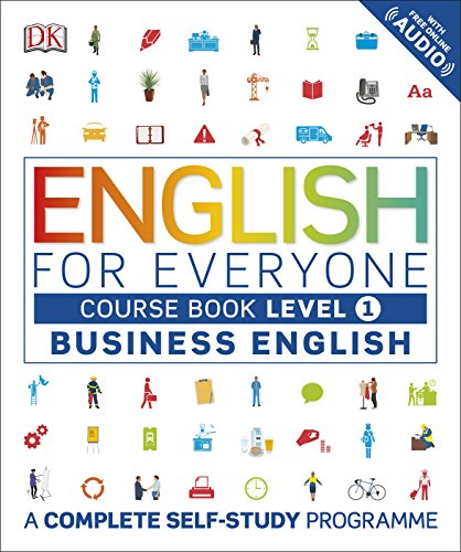 "Book cover with 'English for Everyone' title, business icons, and 'DK' logo on a white background."