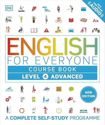 “English for Everyone” course book, Level 4 Advanced, with illustrated icons.