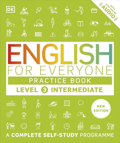 Green “English for Everyone” practice book, level 3 intermediate, with icons.
