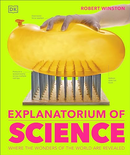 Book cover: yellow balloon over pins, text “Explanatorium of Science.”