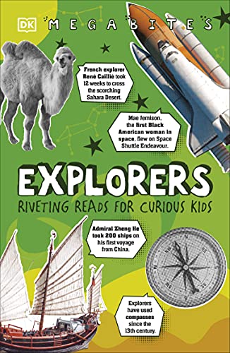 Book cover featuring explorers, a camel, spaceship, and sailing ship.
