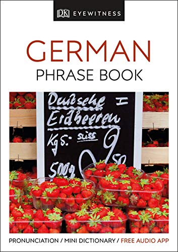 German phrase book cover with strawberries and a market chalkboard.