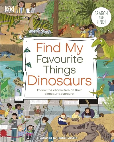 Book cover illustration featuring children exploring a dinosaur exhibit with various dinosaurs and fossils.