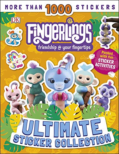 Fingerlings sticker book cover with colorful toy monkeys and unicorns.