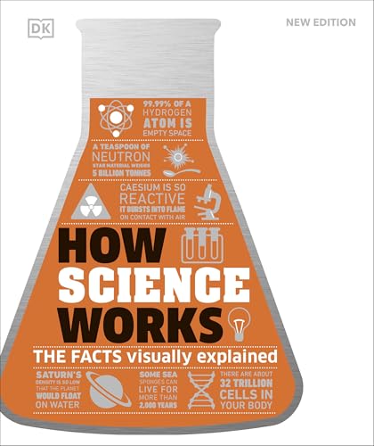 Book cover: "How Science Works" with science icons on an orange flask.