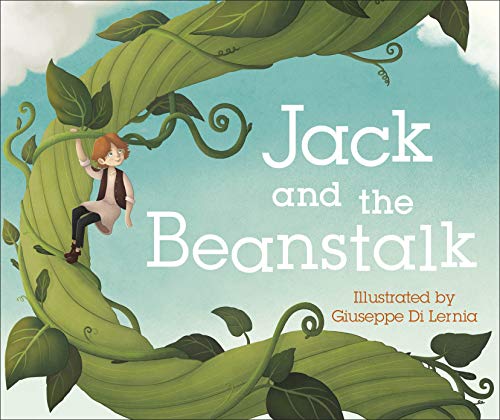 Boy climbing a large green beanstalk, book cover illustration.
