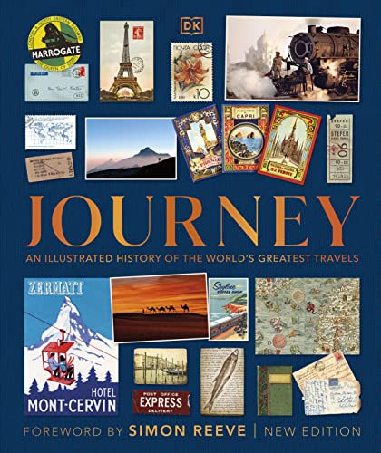 Book cover, “Journey,” featuring vintage travel postcards and stamps collage.