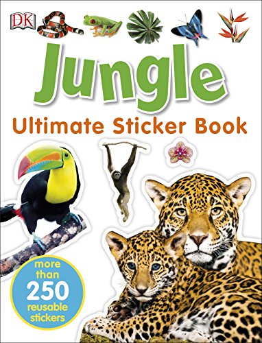 Jungle sticker book cover with toucan, monkey, leopard, and butterfly images.