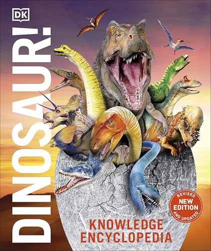 Book cover featuring multiple colorful dinosaur illustrations and the title "Dinosaur Knowledge Encyclopedia.
