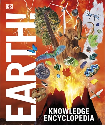 Book cover showing a volcano erupting with a mammoth, tree, minerals, and various animals.