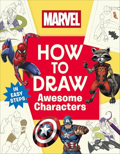 Marvel drawing guide featuring Spider-Man, Rocket, Captain America, and sketches.