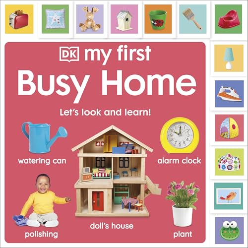 Children's book cover with household objects, a dollhouse, and a baby.