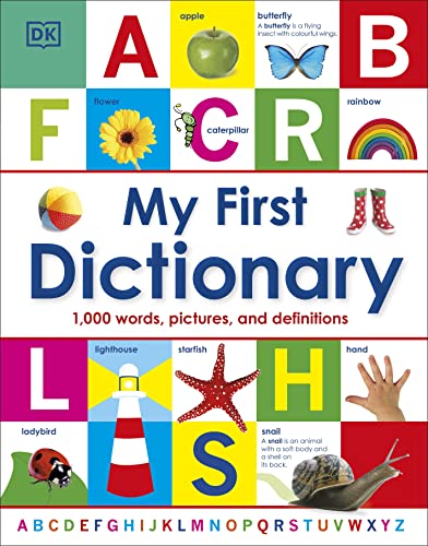 Colorful children’s dictionary cover with letters, pictures, and example words.