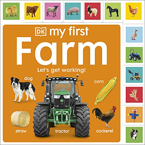 Children’s book cover featuring a tractor, farm animals, and corn.