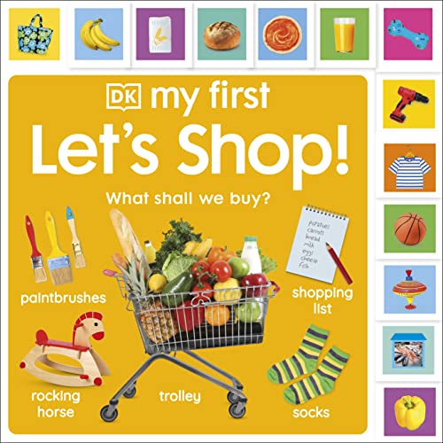 Children's book cover with a shopping trolley full of groceries.