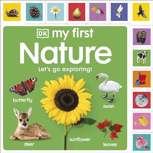 Children’s book cover with nature images: butterfly, sunflower, deer, swan.