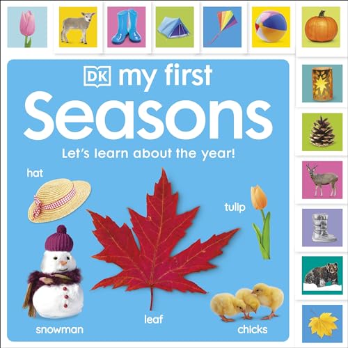 Children’s book cover with seasonal images: snowman, leaf, tulip, chicks.