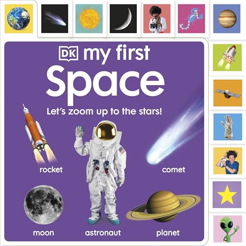 Children’s book cover with space imagery: rocket, astronaut, planets, and comet.