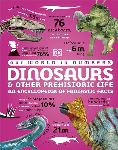 Book cover featuring various dinosaurs, prehistoric creatures, and facts on a bright pink background.