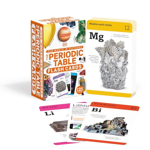 Periodic table flash card box set with individual element cards showing images and text.