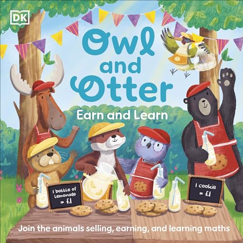 Book cover: Owl, otter, bear, and moose selling at a market stall.