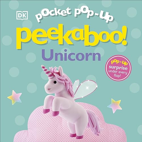 Pink unicorn with sparkly wings peeks from a dotted cloud.