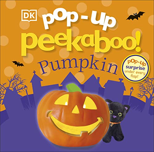 Orange pumpkin, black cat, and spooky haunted house on book cover.