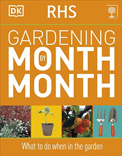 Book cover for RHS Gardening Month by Month with text and gardening imagery.