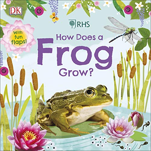 Book cover: "RHS How Does a Frog Grow?" with frog and dragonfly.