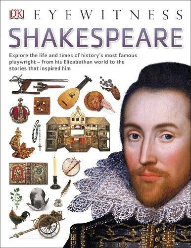 "Book cover featuring a portrait of Shakespeare surrounded by historical objects and text."