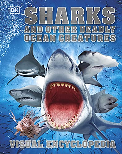 Book cover featuring multiple sharks and a lionfish in blue water.