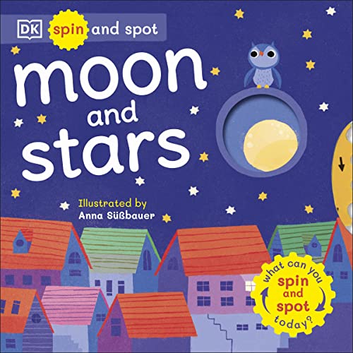 Book cover: "Moon and Stars" with a spinning wheel and owl illustration.