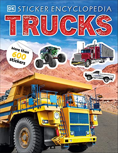 Book cover for Sticker Encyclopedia Trucks featuring a large yellow dump truck and stickers.