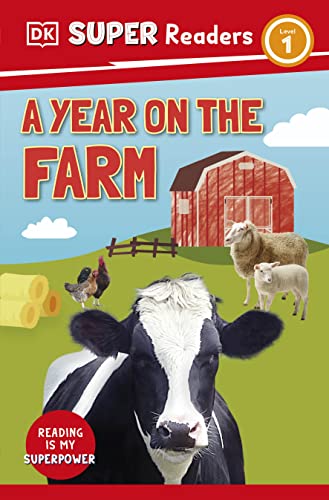Book cover: "A Year on the Farm" with a cow, sheep, and barn.