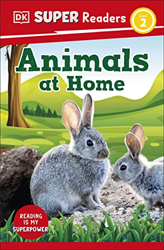 Book cover: “Animals at Home” with rabbits in a grassy field.