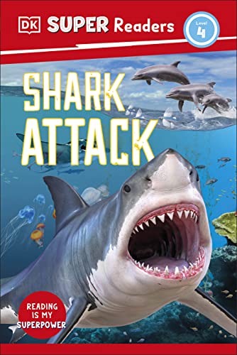 Book cover: "Shark Attack" with a great white shark and dolphins.