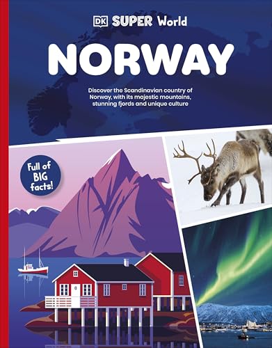 Book cover featuring a map of Norway, red cabins, a reindeer, and northern lights.