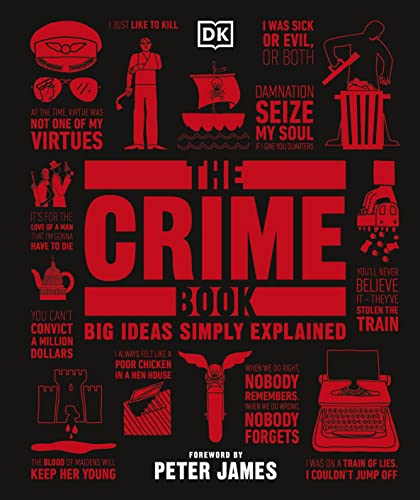 Book cover with red text and illustrations related to crime and justice.