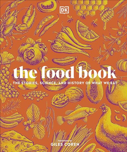 Book cover with detailed illustrations of various foods in gold tones.