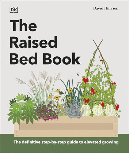 Book cover for "The Raised Bed Book" featuring a garden illustration.