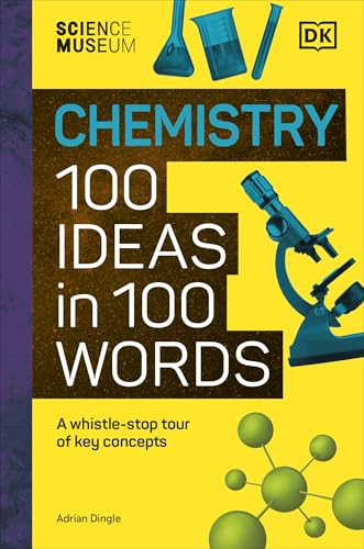 Book cover for "Chemistry 100 Ideas in 100 Words" with lab equipment.