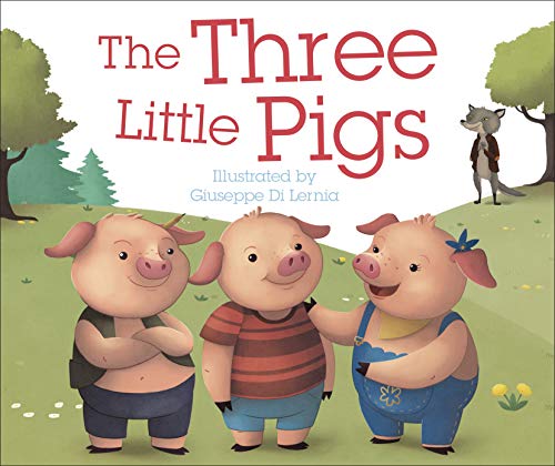Book cover featuring three pigs and a wolf in a story illustration.
