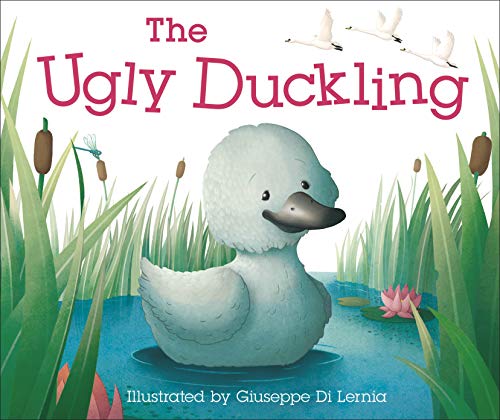 Book cover of "The Ugly Duckling" featuring a young duck in water.
