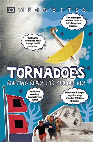 Book cover: "Tornadoes" with swirling storm, flying objects, and people sheltering.