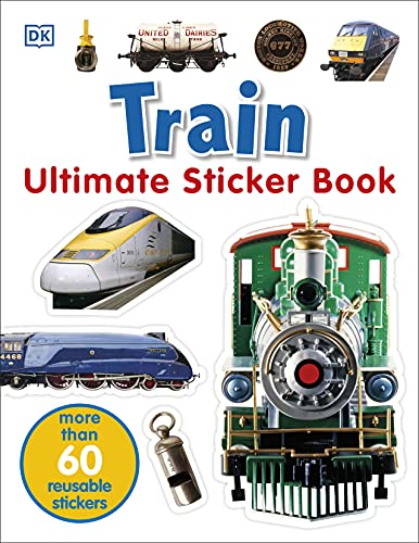 Book cover featuring various types of trains and over 60 stickers.