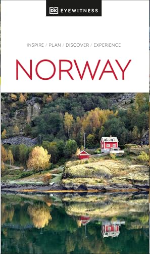 DK Eyewitness Norway travel guide cover featuring a red house by a reflective fjord.